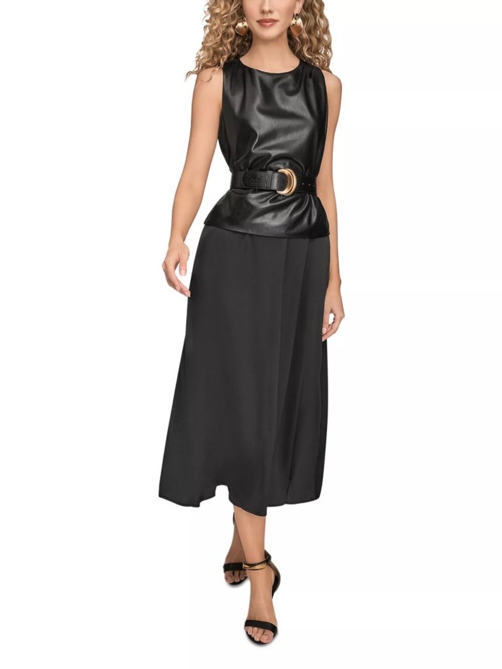 Donna Karan New York Women's Sleeveless Mixed Media Belted Midi Dress Size 16